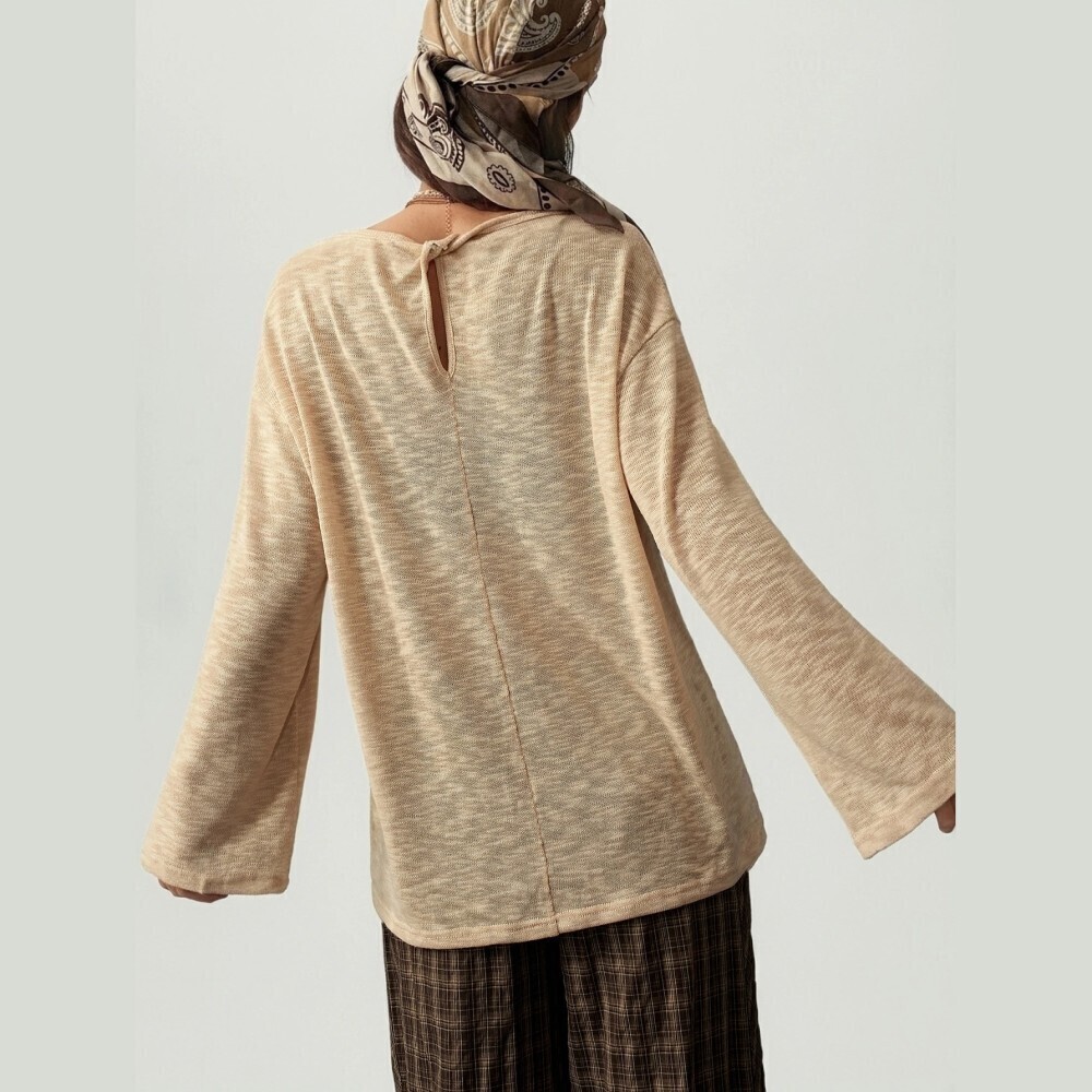 Cream Sheer Slub Knit Scoop Neck Long Bell Sleeve Oversized Tee